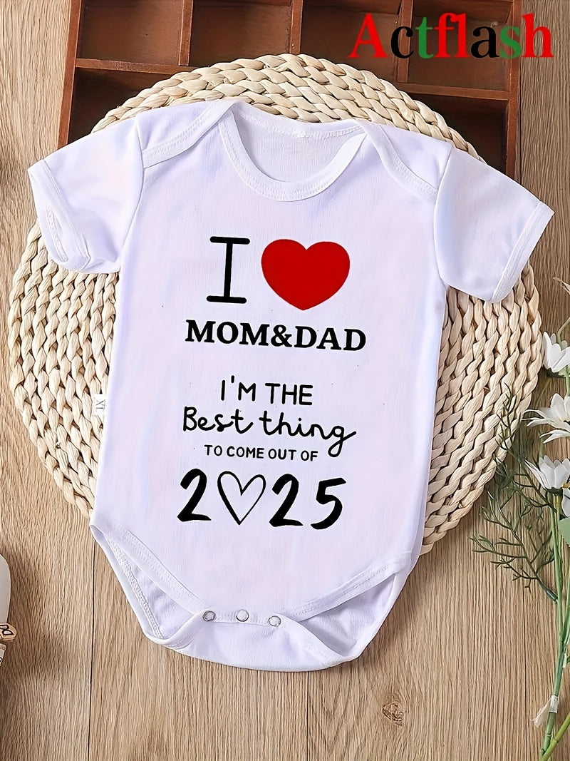 'I Love Mom & Dad' Printed Baby Bodysuit - Soft Polyester Short-Sleeve Romper for Newborns, Summer Casual Gift with Heart & Text Design, Casual Baby Wear|Affectionate Babywear|Easy Dressing Infantwear, Baby Clothes,