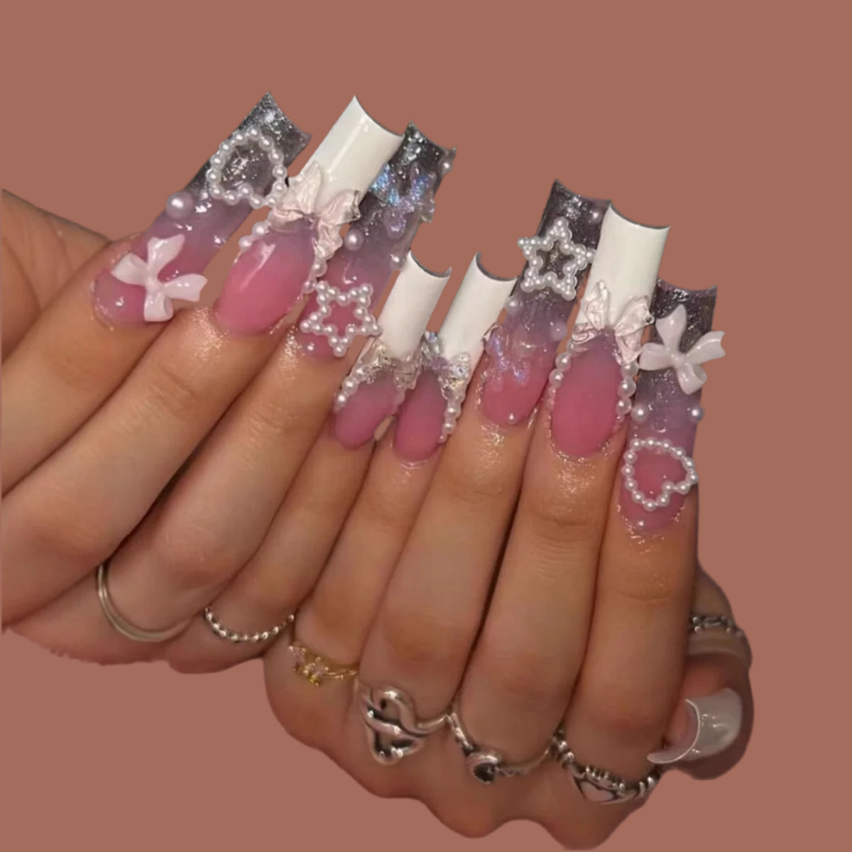 24pcs Long Square False Nails Sets Finished White French Pearl Bow Design Fake Nail Art Nude Pink Press on Nails Tips Manicure