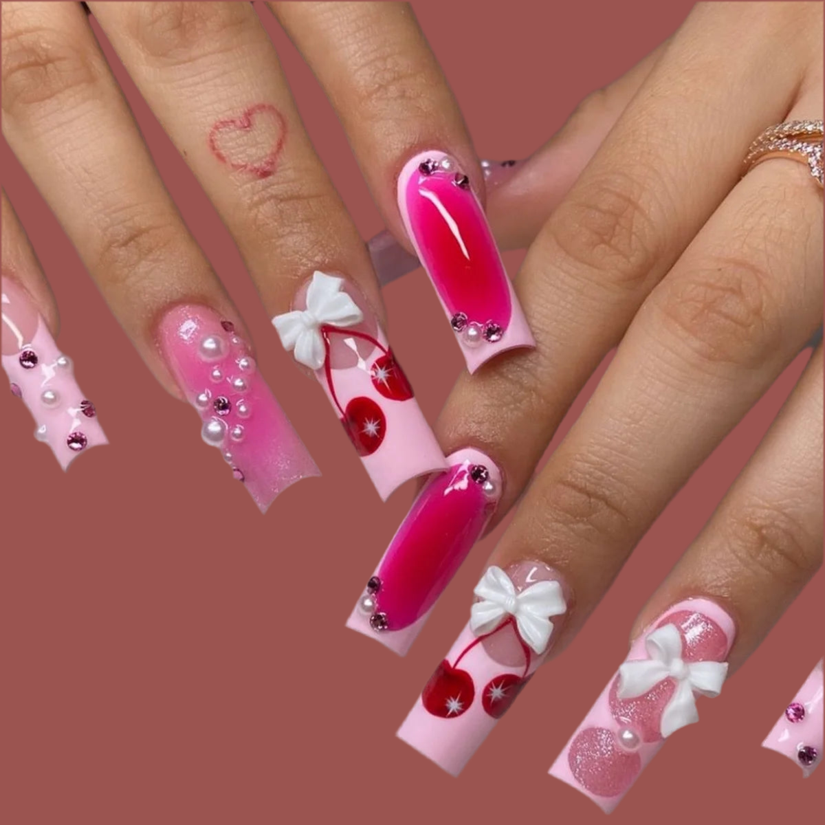 24pcs Long Square False Nails Sets Finished White French Pearl Bow Design Fake Nail Art Nude Pink Press on Nails Tips Manicure