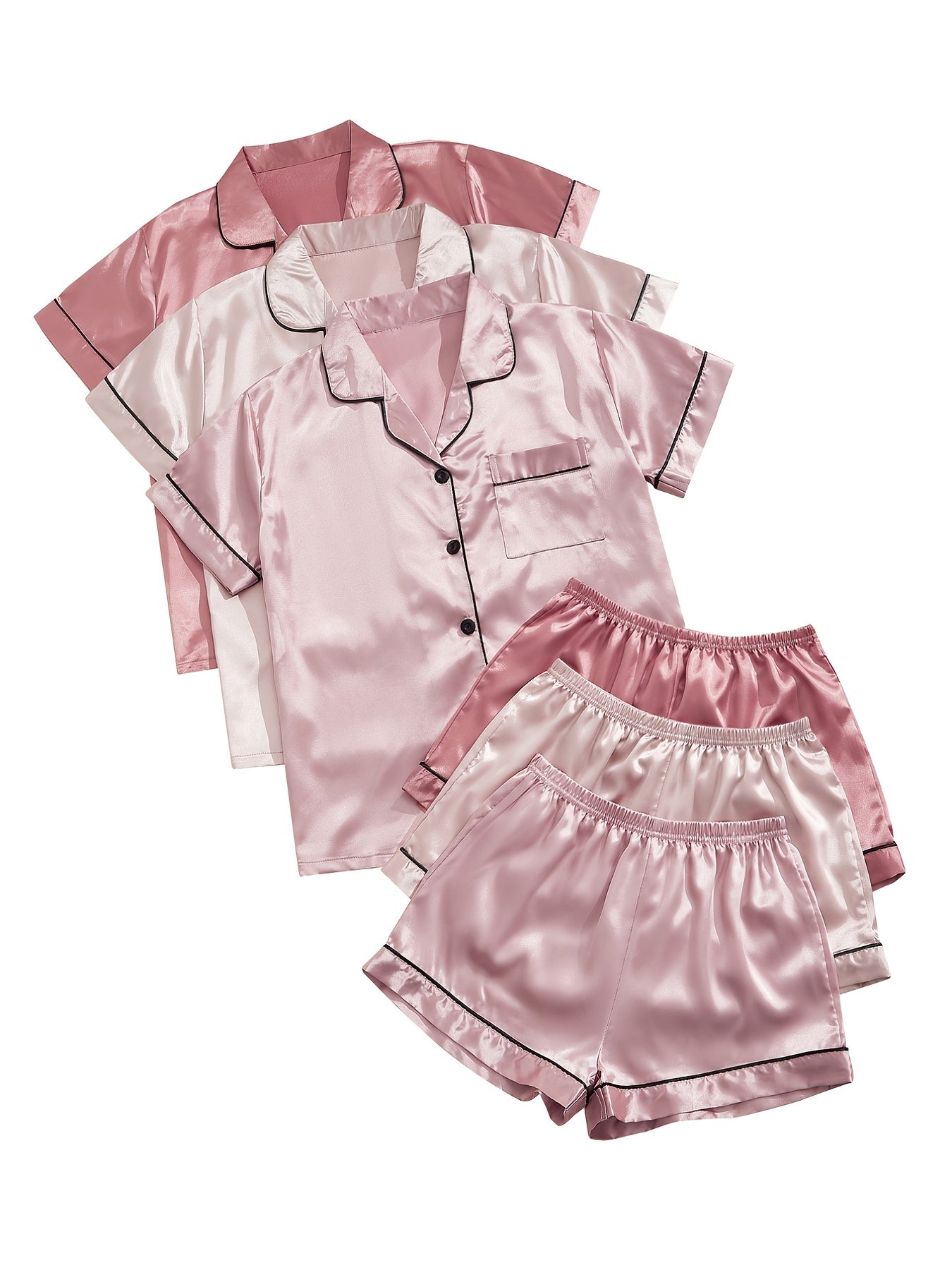 3 sets of women's satin pajama sets with short sleeve lapel tops and elastic waistband shorts in solid colors.
