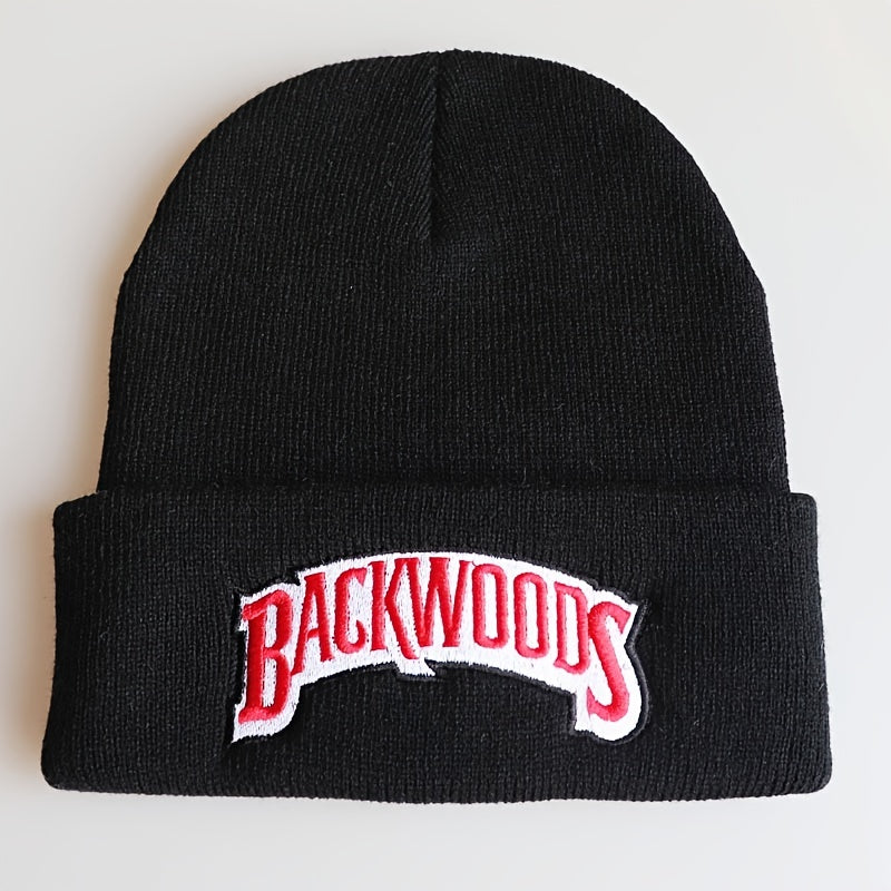 BACKWOODS knitted hat, black beanie with embroidered logo, ideal thermal cap for men.
