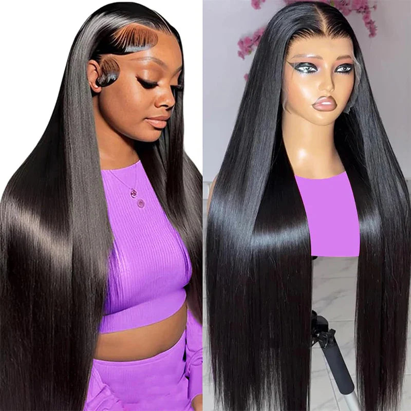 100% Malaysia human hair bone straight lace front wig, 30 inches, featuring Swiss lace base, pre-plucked, shown on mannequin and model.
