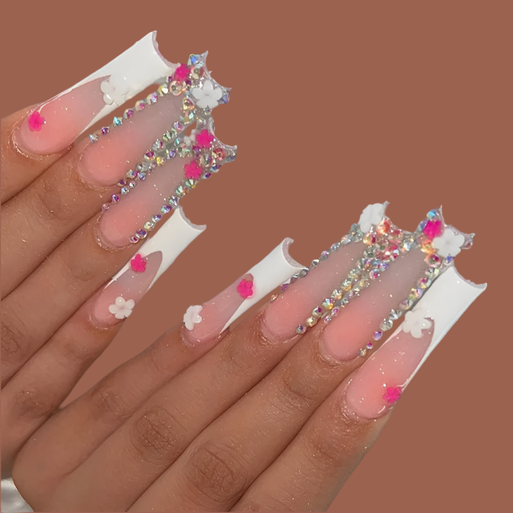 24Pcs Long Ballerina False Nails Press on Nails Serpentine Flower with Rhinestones French Fake Nails Wearable White Nail Tips