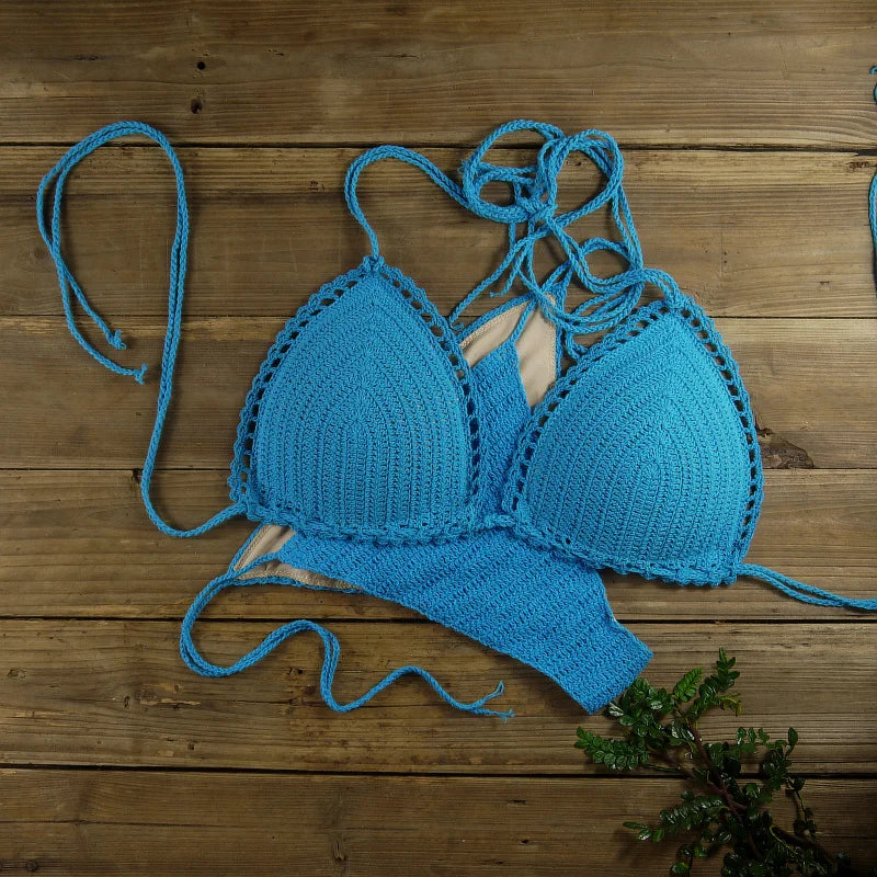 13 Color Women's Swimwear Push up Swimsuit Handmade Crochet Bikini Sets Lining Swim Trunks