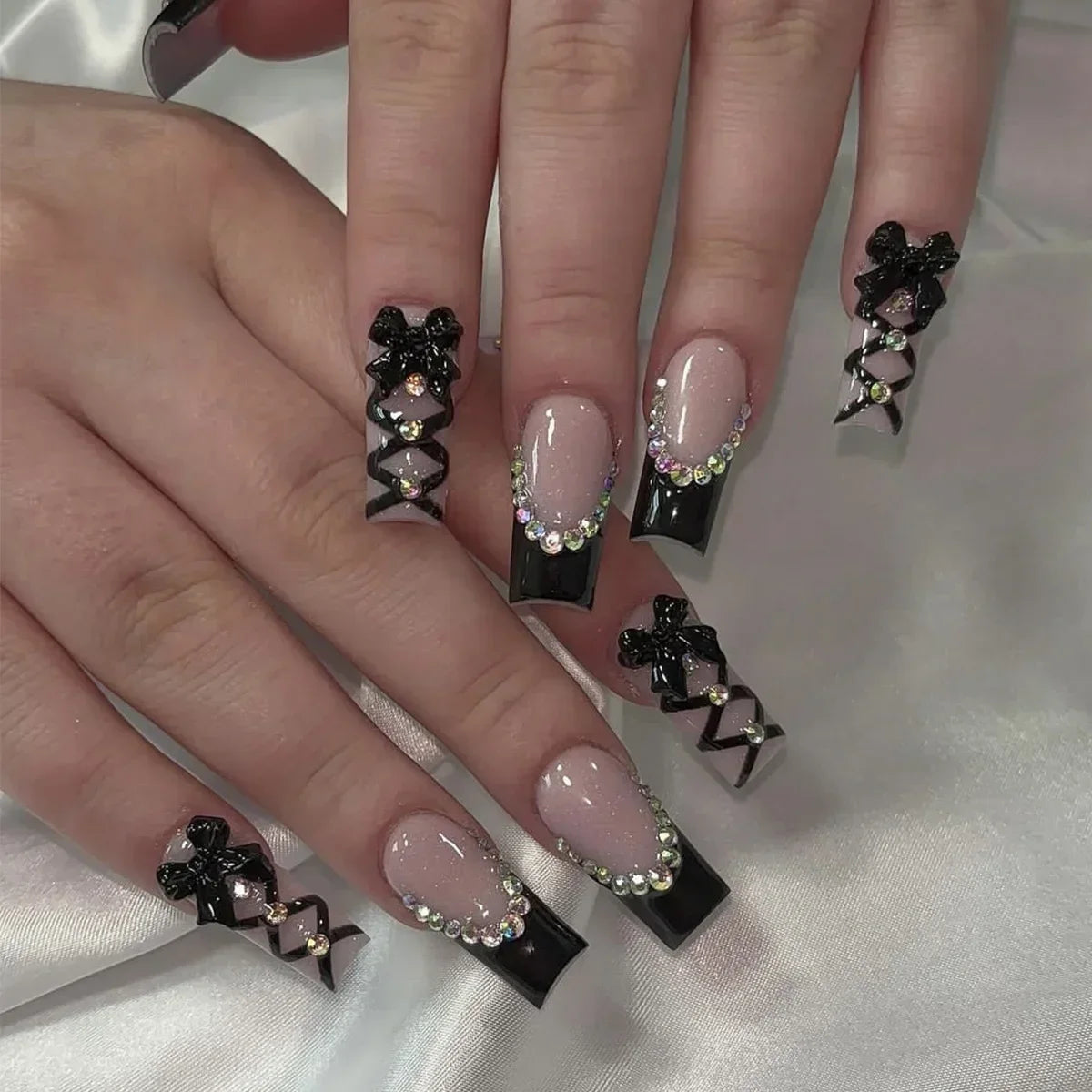 24Pcs Long Ballet False Nails Pink Butterfly with Rhinestones French Design Wearable Fake Nails Glitter Press on Nails Tips Art