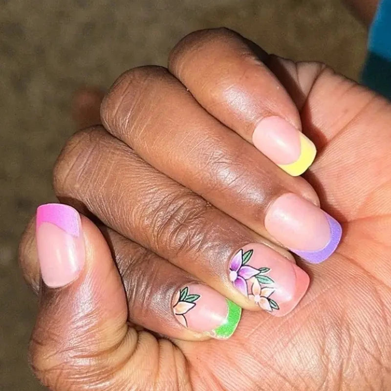 24pcs Short Square Press On Nails With Flower Design French Tip Fake Nails Spring Summer Full Cover False Nails For Women Girls
