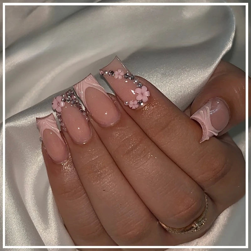 24Pcs Long Ballet False Nails Pink Butterfly with Rhinestones French Design Wearable Fake Nails Glitter Press on Nails Tips Art