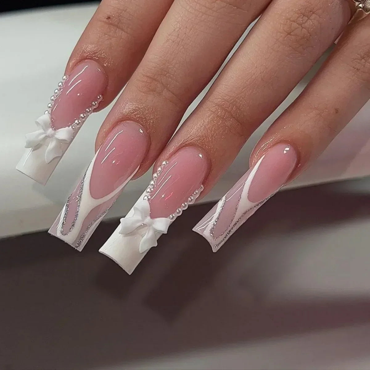 24Pcs Long Ballerina False Nails Press on Nails Serpentine Flower with Rhinestones French Fake Nails Wearable White Nail Tips