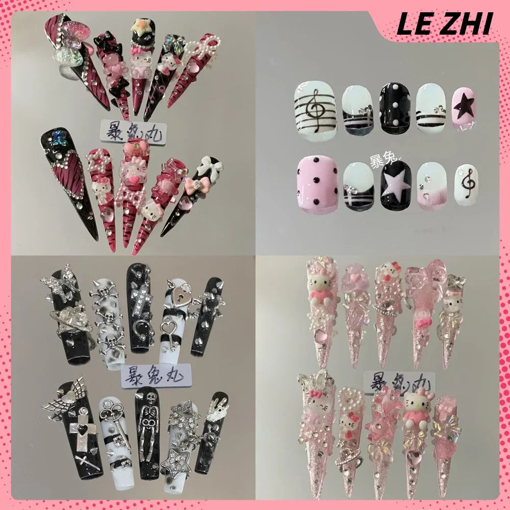 3D punk metal gothic press on nail art with Hello Kitty stiletto design and rhinestones.