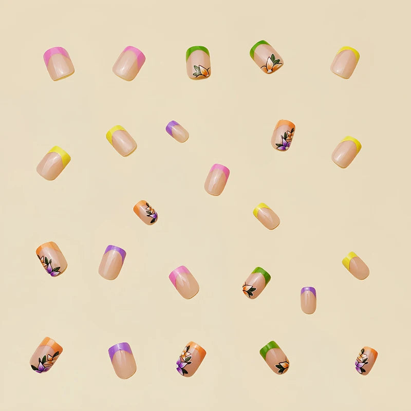 24pcs Short Square Press On Nails With Flower Design French Tip Fake Nails Spring Summer Full Cover False Nails For Women Girls