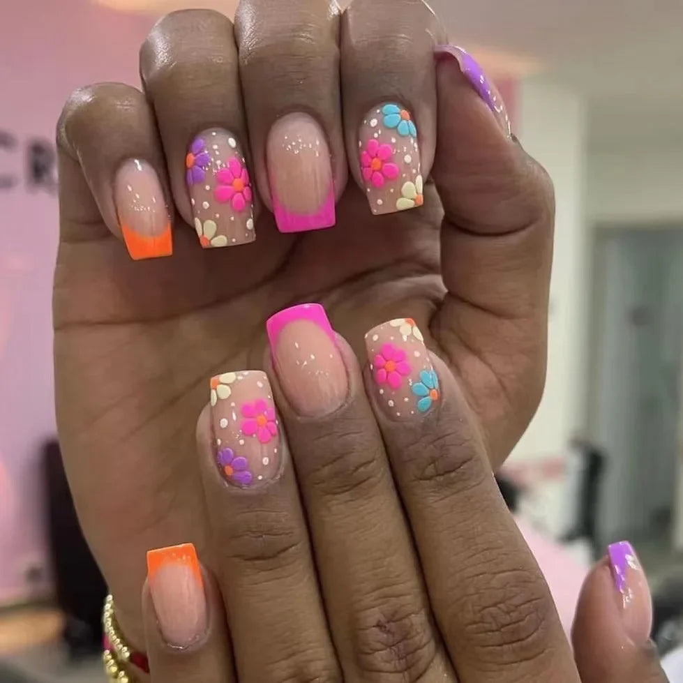 24pcs Short Square Press On Nails With Flower Design French Tip Fake Nails Spring Summer Full Cover False Nails For Women Girls