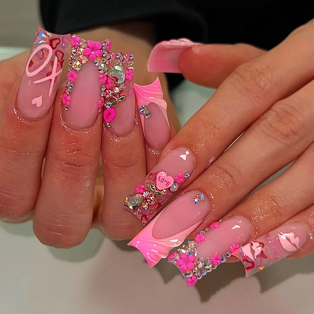 24Pcs Long Ballet False Nails Pink Butterfly with Rhinestones French Design Wearable Fake Nails Glitter Press on Nails Tips Art