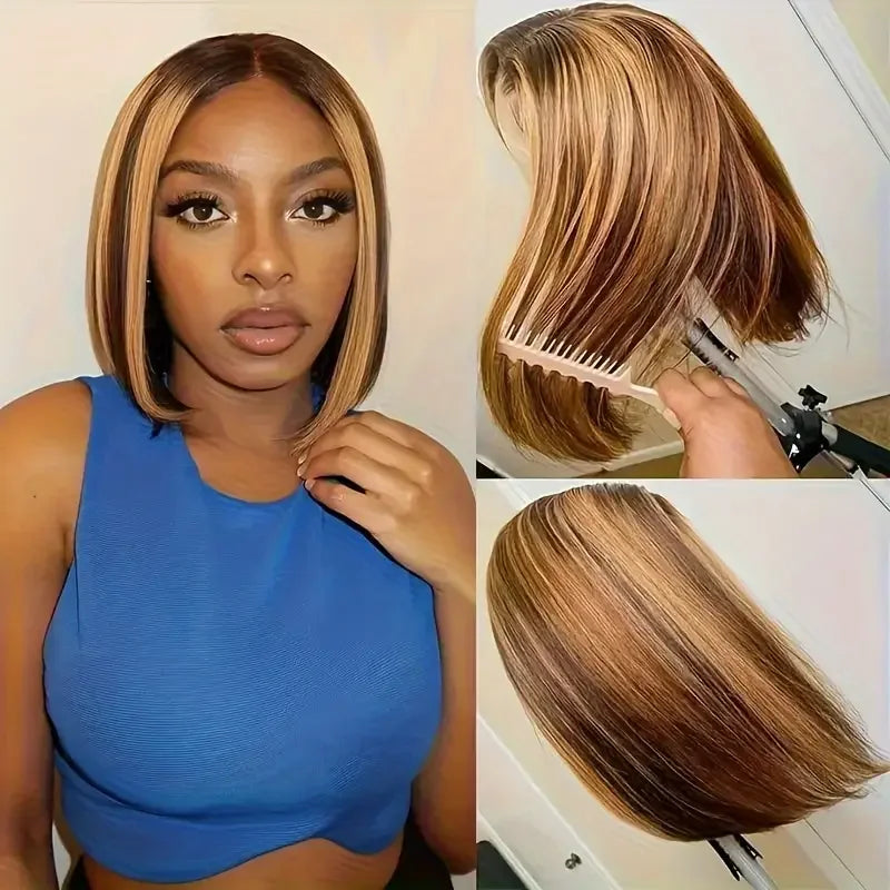 100% Human Hair 4/27 Brown Blonde 13x4 Straight Short Wig  200%Density Pre Plucked Transparent  Lace Human Hair Bob Wigs