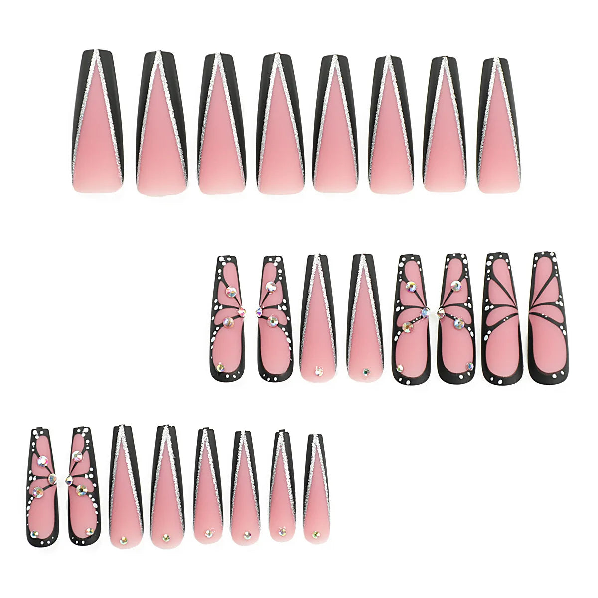 24Pcs Long Ballet False Nails Pink Butterfly with Rhinestones French Design Wearable Fake Nails Glitter Press on Nails Tips Art
