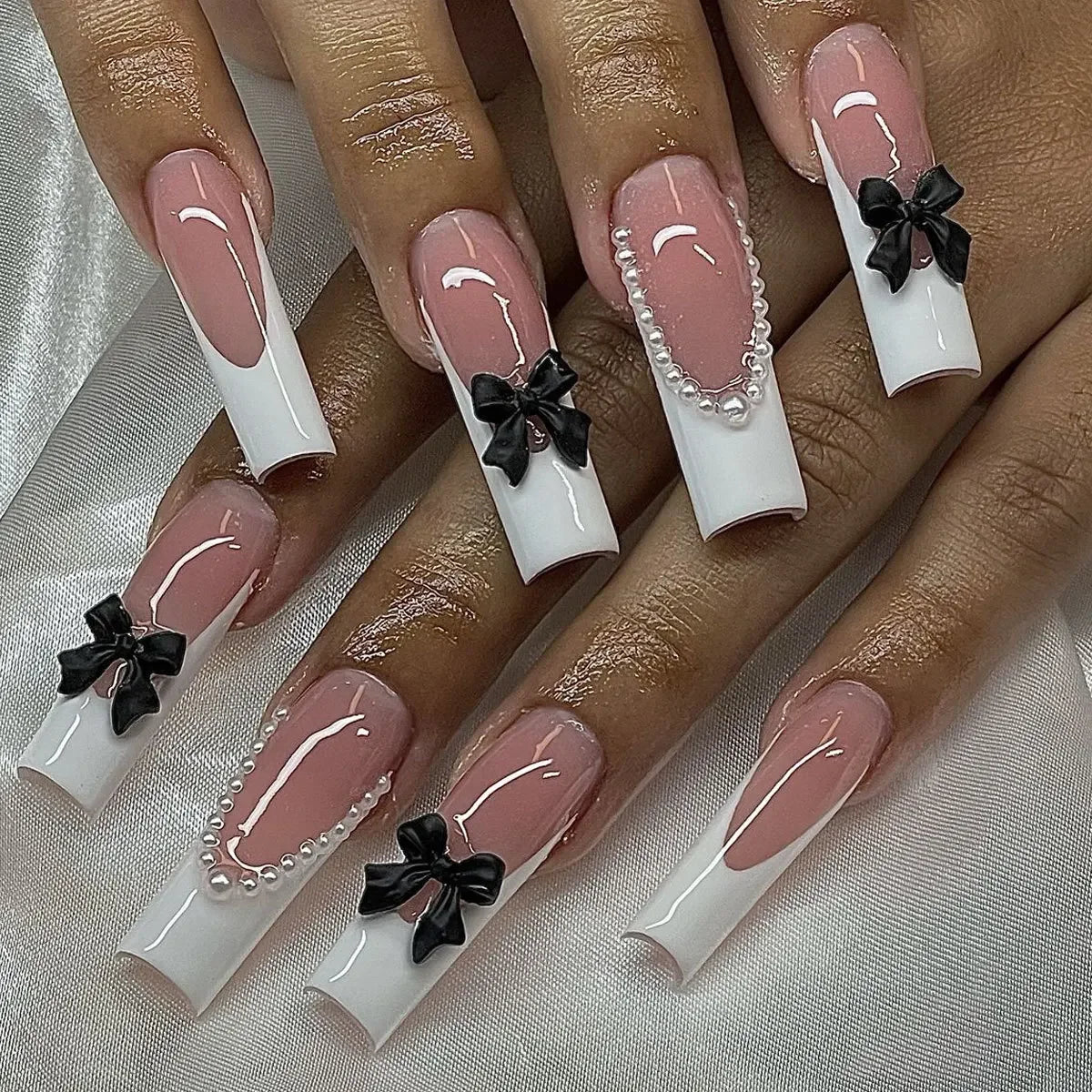 24Pcs Long Ballet False Nails Pink Butterfly with Rhinestones French Design Wearable Fake Nails Glitter Press on Nails Tips Art