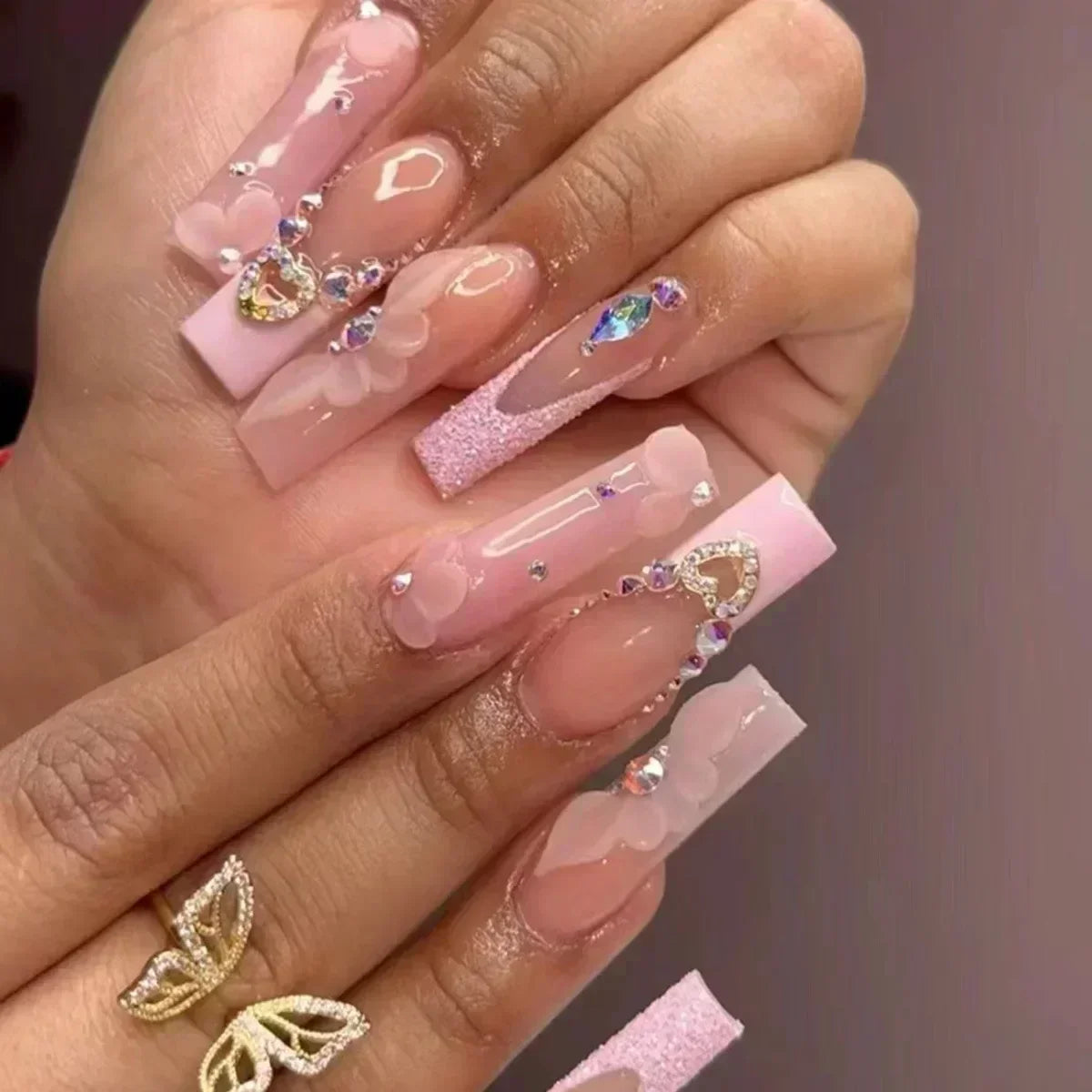 24Pcs Long Ballet False Nails Pink Butterfly with Rhinestones French Design Wearable Fake Nails Glitter Press on Nails Tips Art