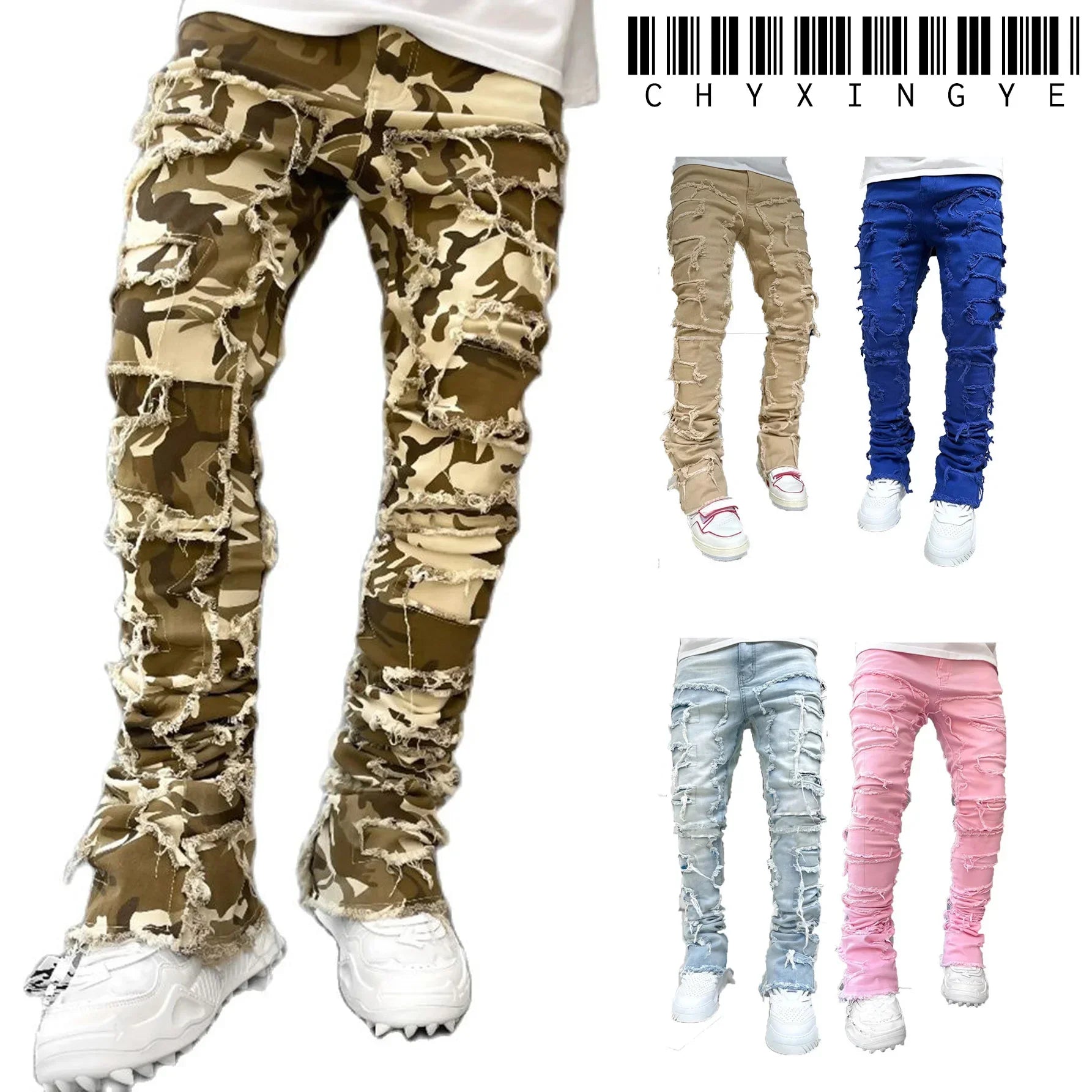 2025 Men Ripped Stacked Jeans, Distressed Slim Fit, Skinny Straight Leg, Hip Hop Denim Pants, Casual Streetwear