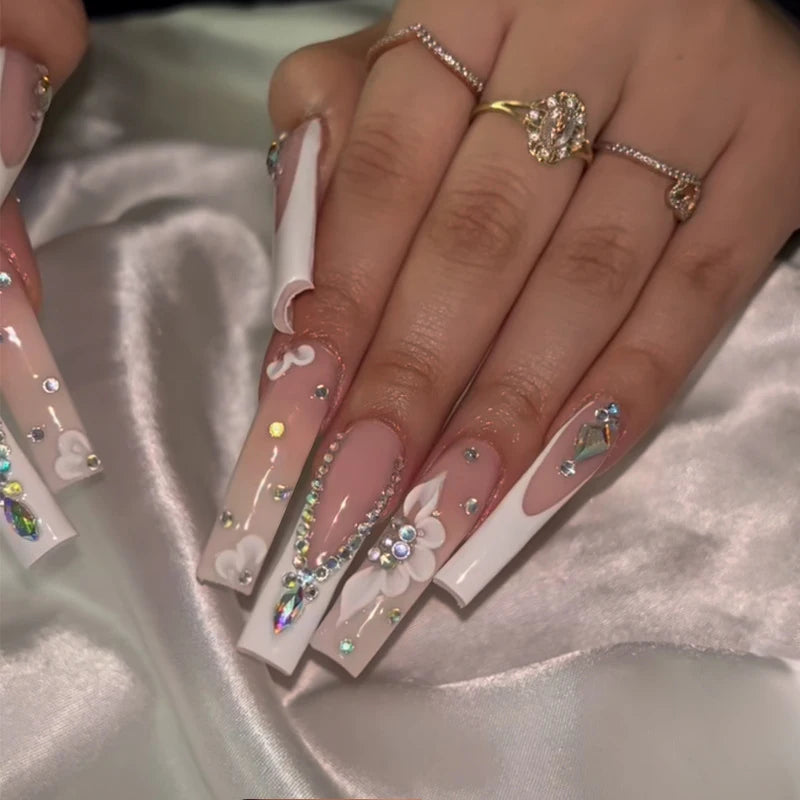 24Pcs Long Ballet False Nails Pink Butterfly with Rhinestones French Design Wearable Fake Nails Glitter Press on Nails Tips Art