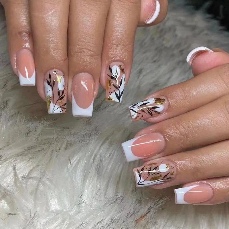 24pcs Short Square Press On Nails With Flower Design French Tip Fake Nails Spring Summer Full Cover False Nails For Women Girls
