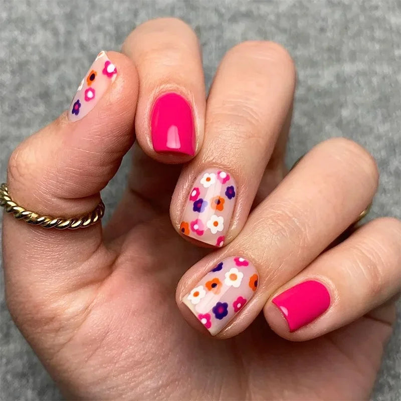 24pcs Short Square Press On Nails With Flower Design French Tip Fake Nails Spring Summer Full Cover False Nails For Women Girls