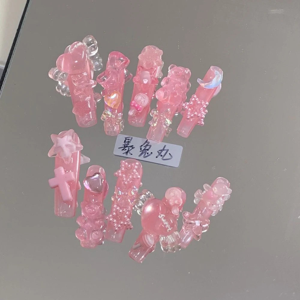 3D Punk Metal Gothic Press On Nail Art Hello Kitty Stiletto Black White Simple Camellia Design Rhinestone Nails Sticker Girls