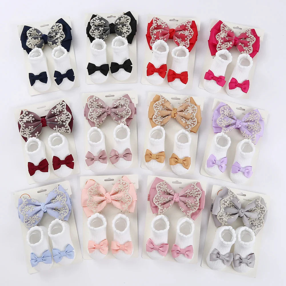 3Pcs/Set Leg Ruffled Cotton Socks Baby Girls  Kids Clothing with Lacework Toddlers Cotton Hair Ribbon Bows Sock Elastic Hairband
