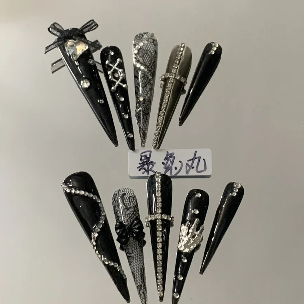3D Punk Metal Gothic Press On Nail Art Hello Kitty Stiletto Black White Simple Camellia Design Rhinestone Nails Sticker Girls