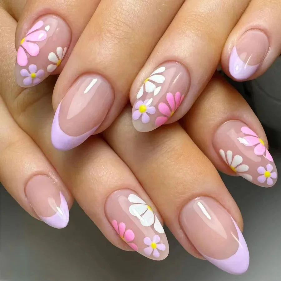 24pcs Short Square Press On Nails With Flower Design French Tip Fake Nails Spring Summer Full Cover False Nails For Women Girls