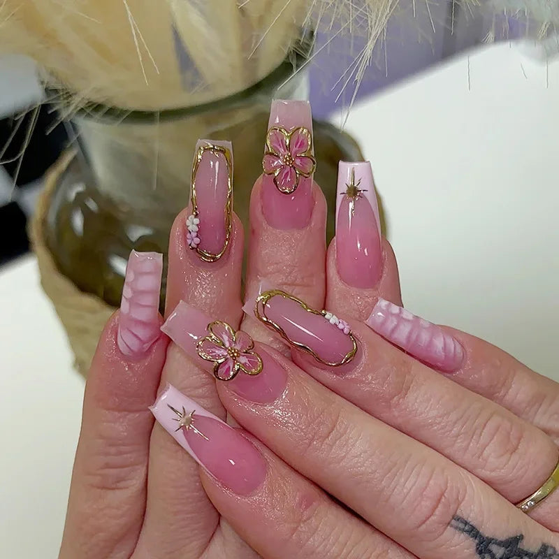 24Pcs Long Ballet False Nails Pink Butterfly with Rhinestones French Design Wearable Fake Nails Glitter Press on Nails Tips Art