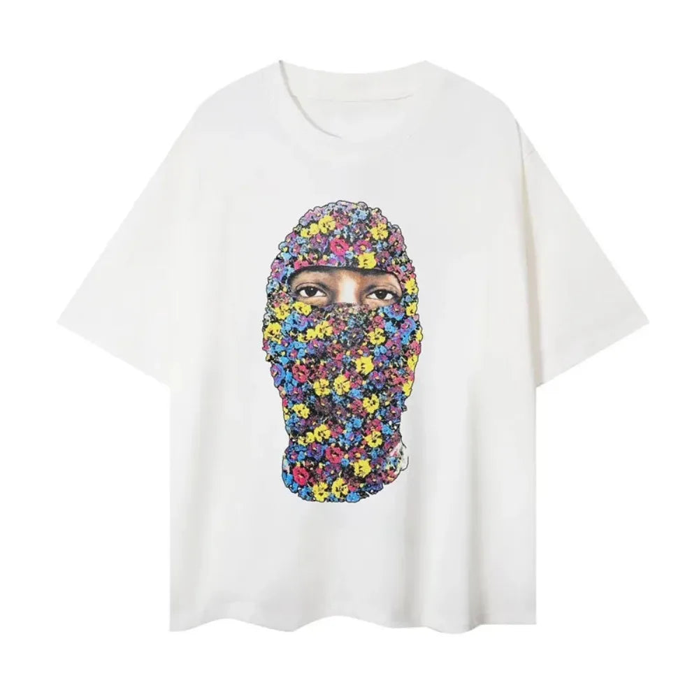 Designer men's T-shirt with masked print, casual short sleeve, 100% cotton.