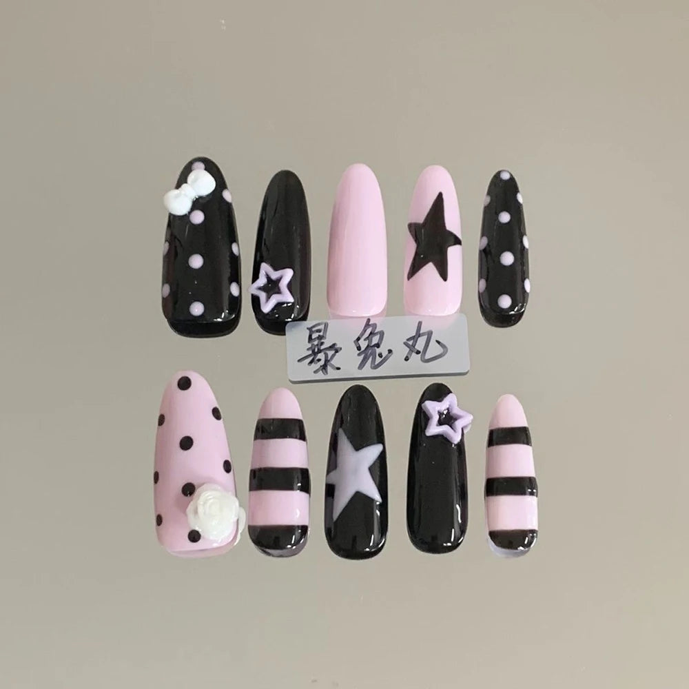 3D Punk Metal Gothic Press On Nail Art Hello Kitty Stiletto Black White Simple Camellia Design Rhinestone Nails Sticker Girls