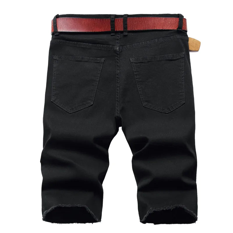 2025 Summer New Men's Jeans Shorts, Pleats and Holes Decorated Shorts, Men Blue White Black Blue Red Denim Shorts