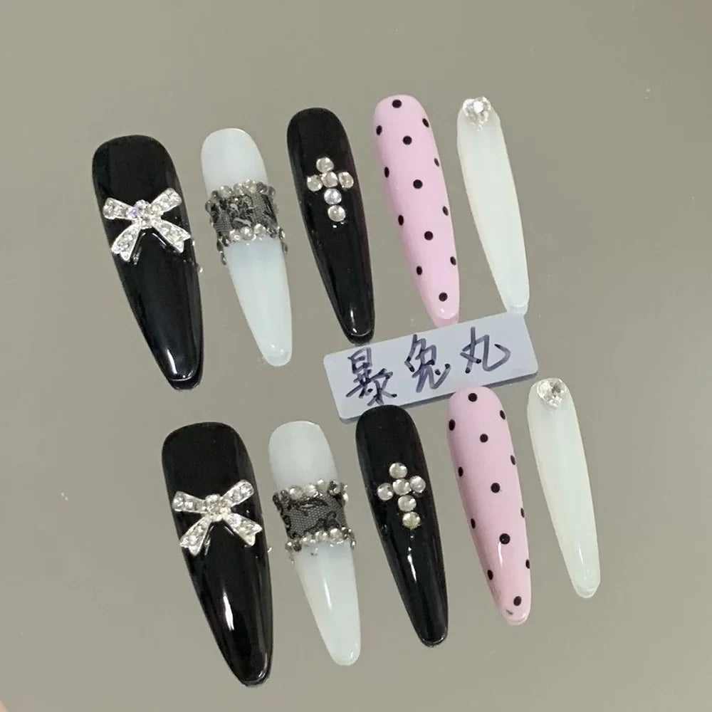 3D Punk Metal Gothic Press On Nail Art Hello Kitty Stiletto Black White Simple Camellia Design Rhinestone Nails Sticker Girls
