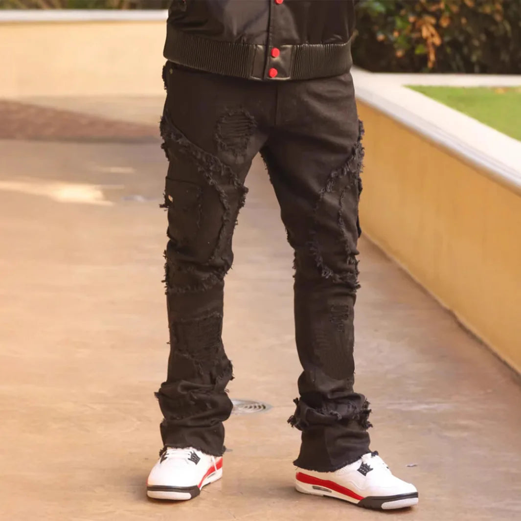 2025 New Men Ripped Stacked Jeans Distressed Slim Fit Skinny Straight Leg Jeans Fashion Hip Hop Denim Pants Casual Streetwear