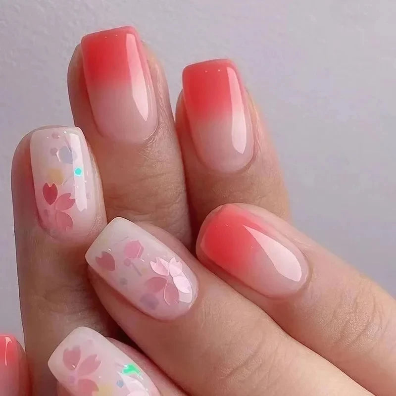 24pcs Short Square Press On Nails With Flower Design French Tip Fake Nails Spring Summer Full Cover False Nails For Women Girls