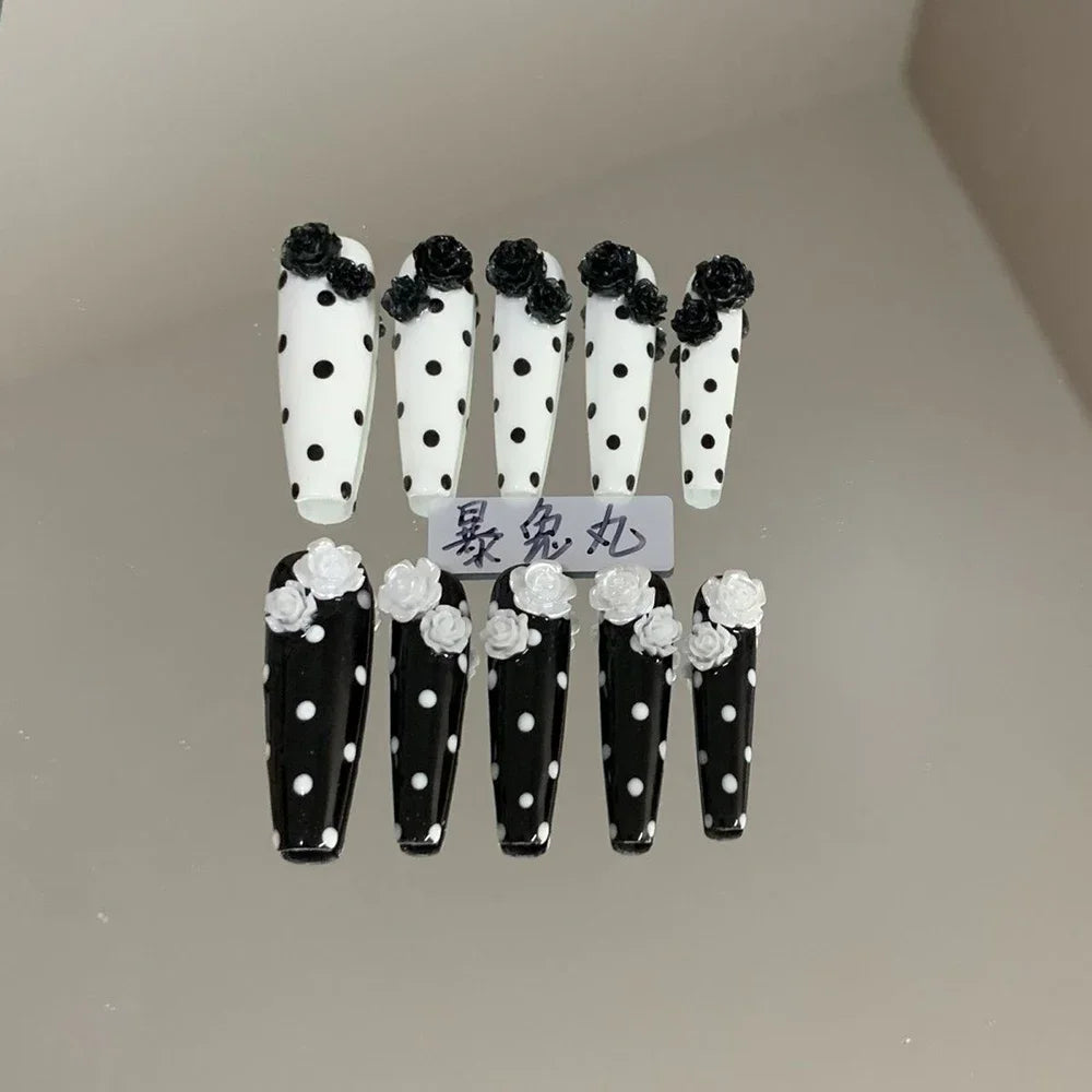 3D Punk Metal Gothic Press On Nail Art Hello Kitty Stiletto Black White Simple Camellia Design Rhinestone Nails Sticker Girls