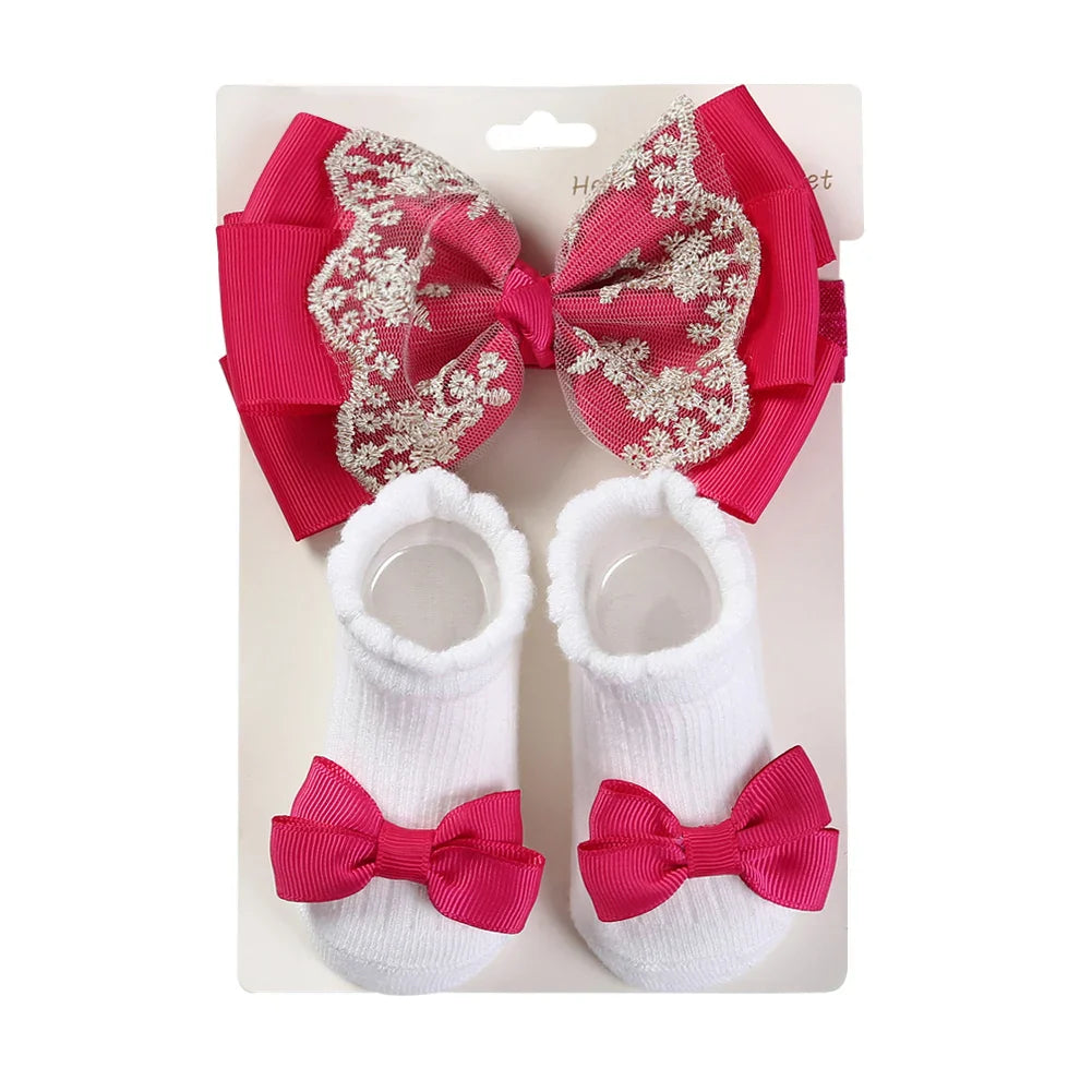 3Pcs/Set Leg Ruffled Cotton Socks Baby Girls  Kids Clothing with Lacework Toddlers Cotton Hair Ribbon Bows Sock Elastic Hairband
