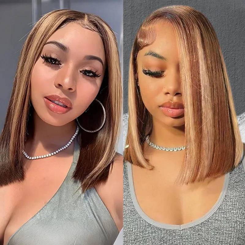 Human Hair 4/27 Brown Blonde Straight Wig with Transparent Lace and Pre-Plucked Hairline