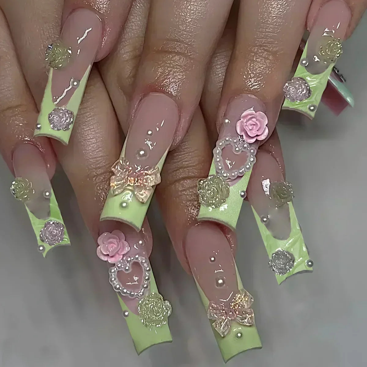 24Pcs Long Ballet False Nails Pink Butterfly with Rhinestones French Design Wearable Fake Nails Glitter Press on Nails Tips Art