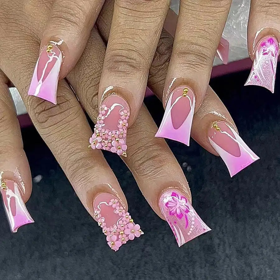24pcs French press on nails with full flower design and duckbill shape in pink Korean style.