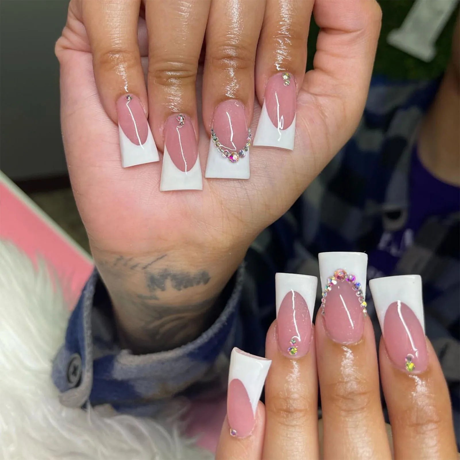 24pcs French Press on Nails Full Flower Design Sweet Korean Style False Nails Wearable European Duckbill Shaped Fake Nail Tips