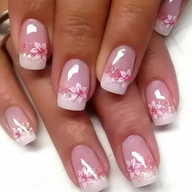 24pcs Short Square Press On Nails With Flower Design French Tip Fake Nails Spring Summer Full Cover False Nails For Women Girls