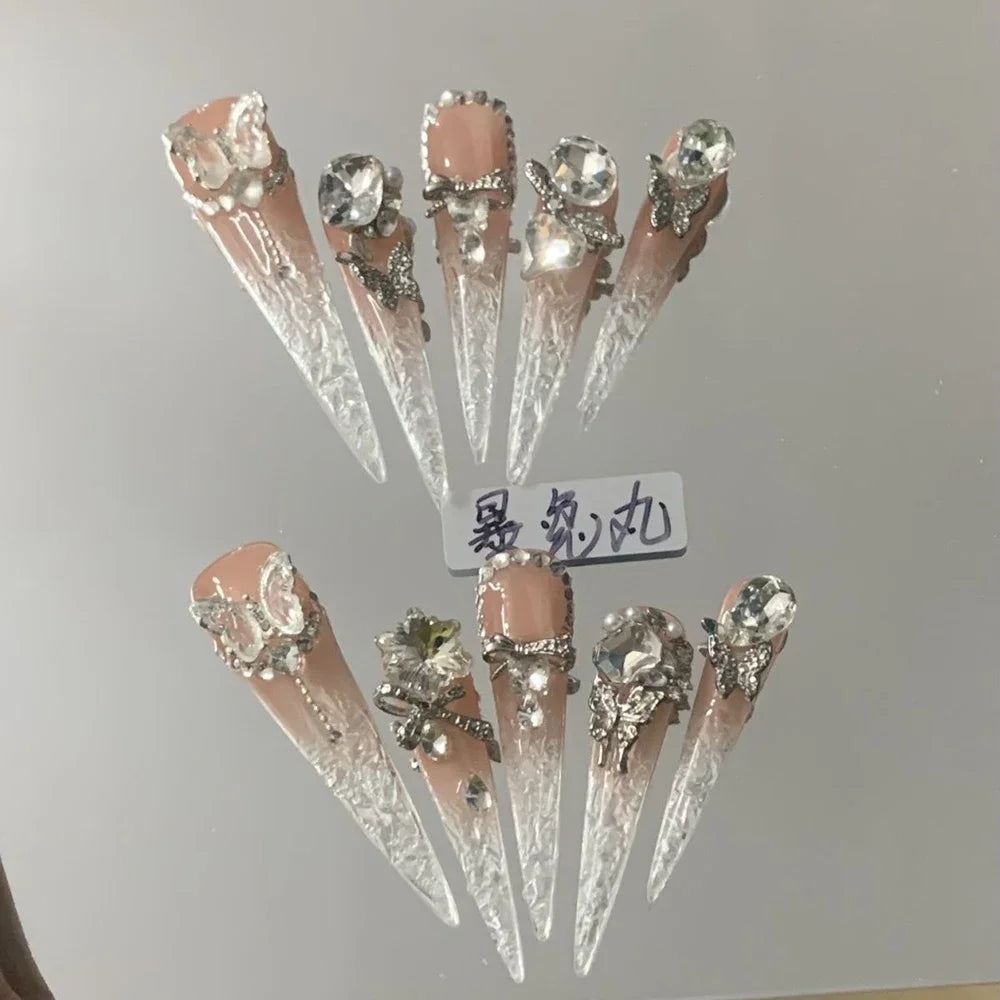 3D Punk Metal Gothic Press On Nail Art Hello Kitty Stiletto Black White Simple Camellia Design Rhinestone Nails Sticker Girls