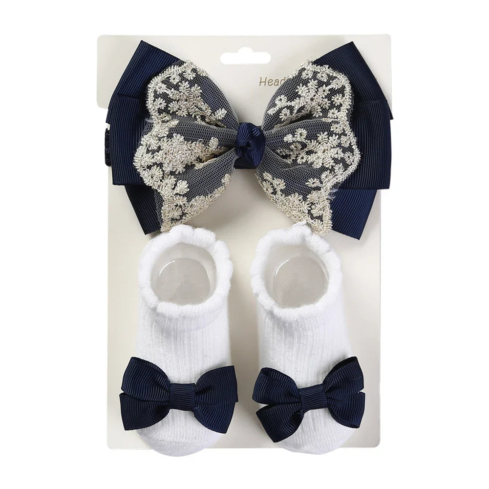 3Pcs/Set Leg Ruffled Cotton Socks Baby Girls  Kids Clothing with Lacework Toddlers Cotton Hair Ribbon Bows Sock Elastic Hairband