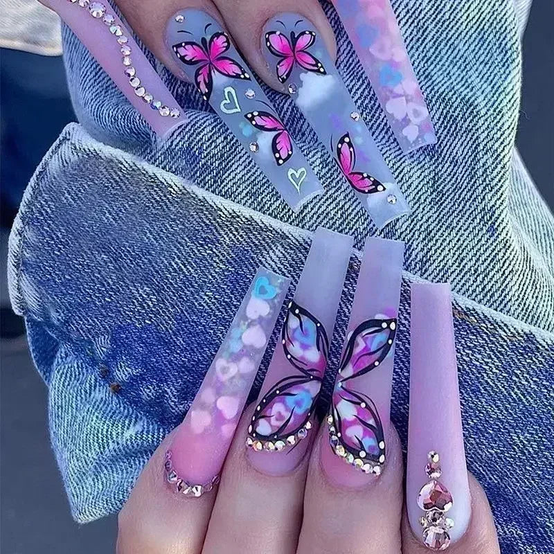 24Pcs Long Ballet False Nails Pink Butterfly with Rhinestones French Design Wearable Fake Nails Glitter Press on Nails Tips Art