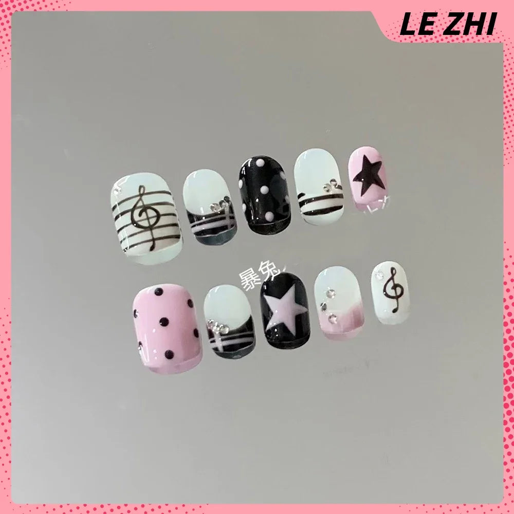 3D Punk Metal Gothic Press On Nail Art Hello Kitty Stiletto Black White Simple Camellia Design Rhinestone Nails Sticker Girls