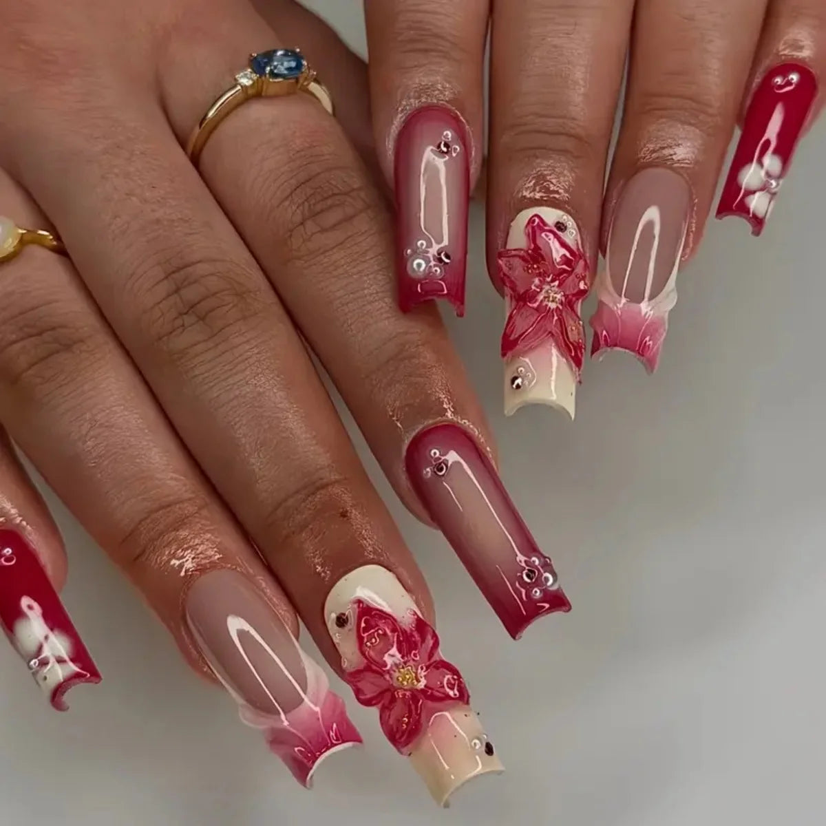24pcs Long Square False Nails Sets Finished White French Pearl Bow Design Fake Nail Art Nude Pink Press on Nails Tips Manicure