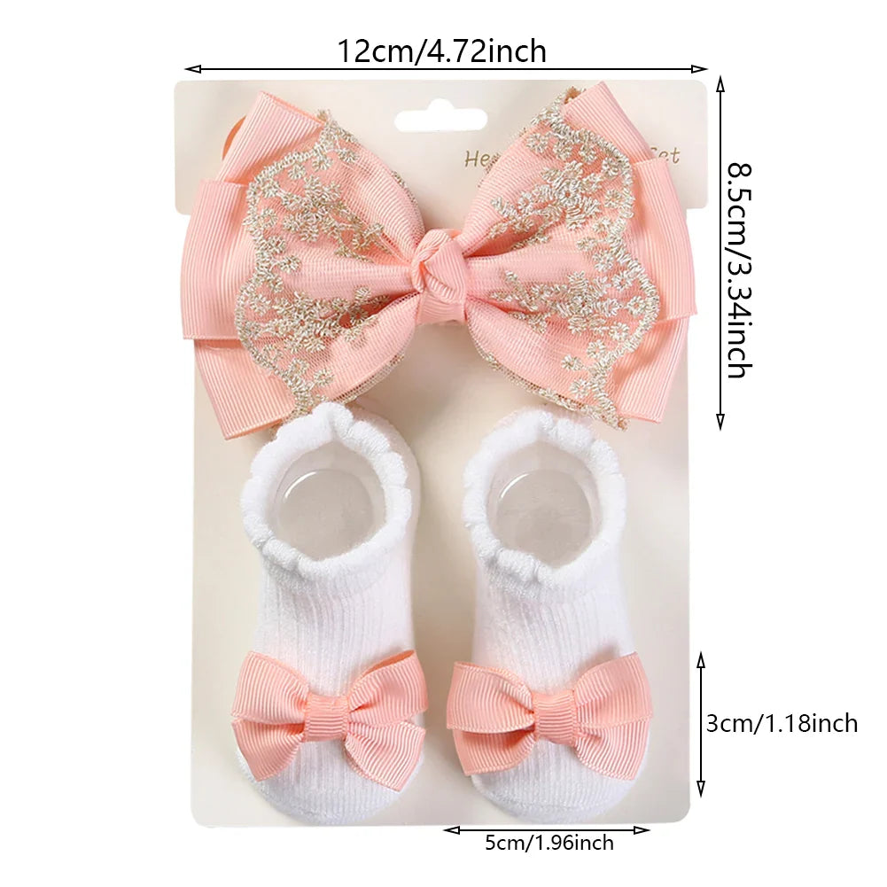 3Pcs/Set Leg Ruffled Cotton Socks Baby Girls  Kids Clothing with Lacework Toddlers Cotton Hair Ribbon Bows Sock Elastic Hairband