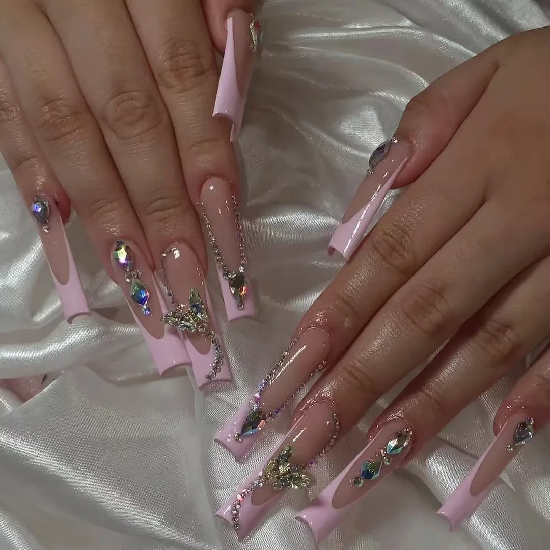24Pcs Long Ballet False Nails Pink Butterfly with Rhinestones French Design Wearable Fake Nails Glitter Press on Nails Tips Art