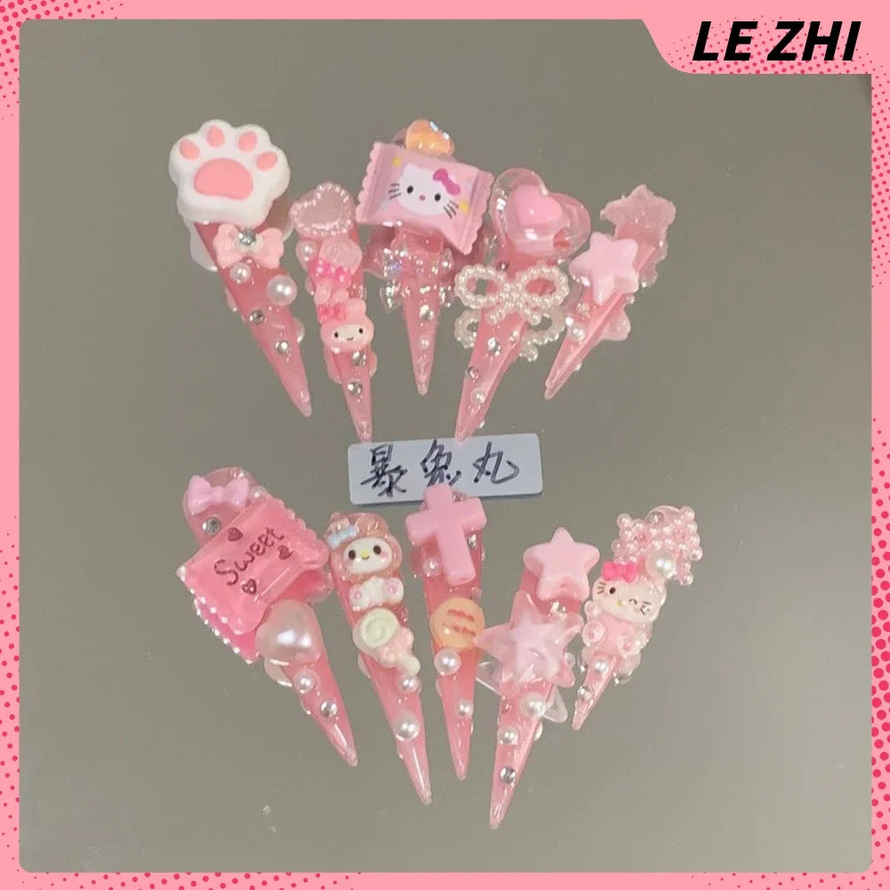 3D Punk Metal Gothic Press On Nail Art Hello Kitty Stiletto Black White Simple Camellia Design Rhinestone Nails Sticker Girls